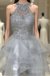 Halter Neck Short Gray Lace Semi Formal Prom Dresses, Short Gray Lace Formal Graduation Dresses